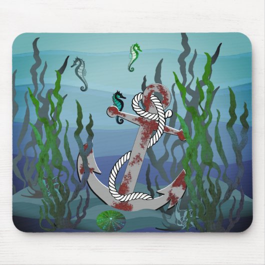 Nautisch roestgrijs anker/zeewier/schelpen/zeepaar muismat (Voorkant)