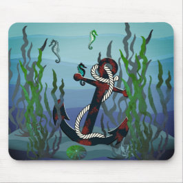 Nautisch roestzwart anker/zeewier/schelp/zeepaard muismat