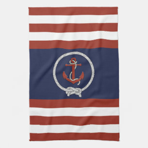 Nautisch rood anker/marine knoop/blauw/witte stree theedoek