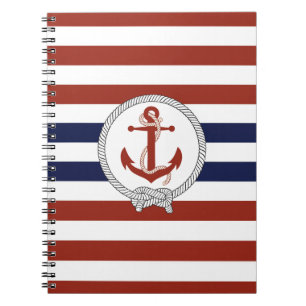 Nautisch rood anker/Navy knot/blauw/witte streep Notitieboek