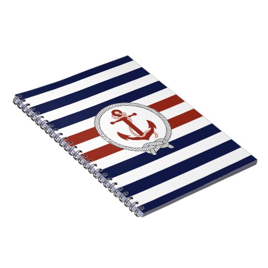 Nautisch rood anker/Navy knot/blauw/witte streep Notitieboek (Rechterzijde)