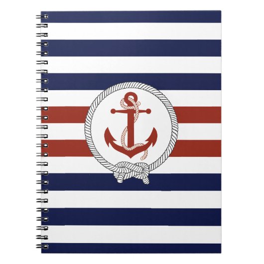 Nautisch rood anker/Navy knot/blauw/witte streep Notitieboek (Voorkant)
