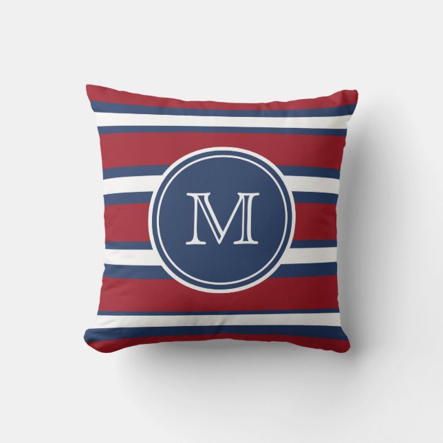 Nautisch rood-blauw gestreepte monogram worp kusse kussen (Voorkant)