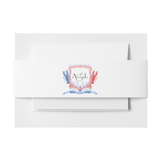 Nautisch rood blauw kreeft crest monogram uitnodigingen wikkel (Voorkant Voorbeeld)