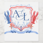 Nautisch rood blauw kreeft crest monogram wijn etiket (Enkel label)