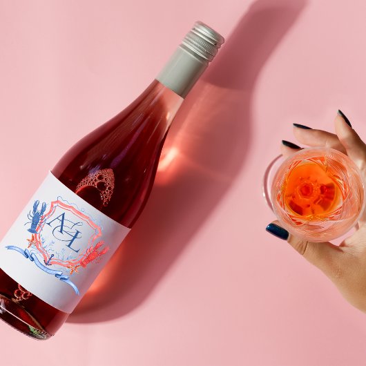 Nautisch rood blauw kreeft crest monogram wijn etiket