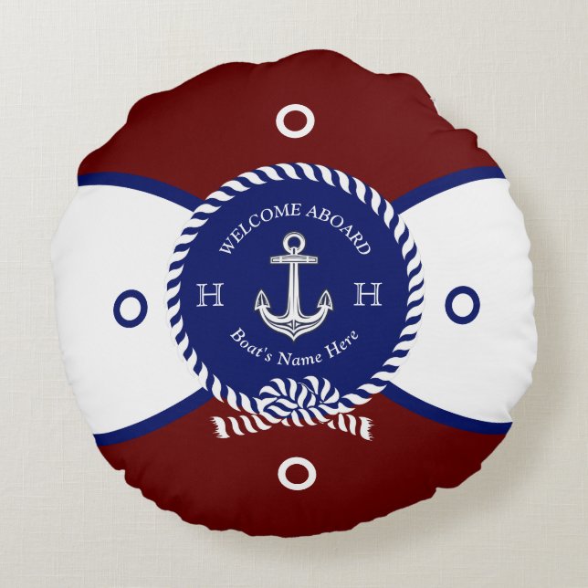 Nautisch Rood Blauw Wit Anker Life Ring Rond Kussen (Achterkant)