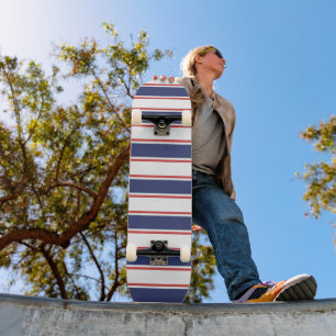Nautisch rood en marine blauwe strepen persoonlijk skateboard