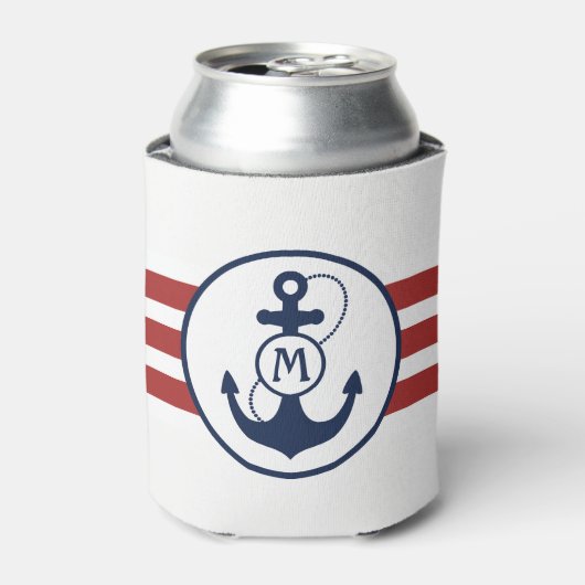 Nautisch rood en marineblauw ankermonogram blikjeskoeler (Blikje Voorkant)