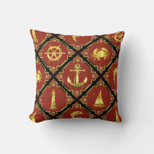 Nautisch rood/goud/dolfijn/zeilboot/anker/krab kussen
