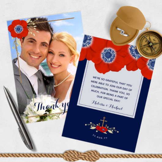 Nautisch Rood Wit Blauw Anemonen 📸Foto Dank u Bedankkaart