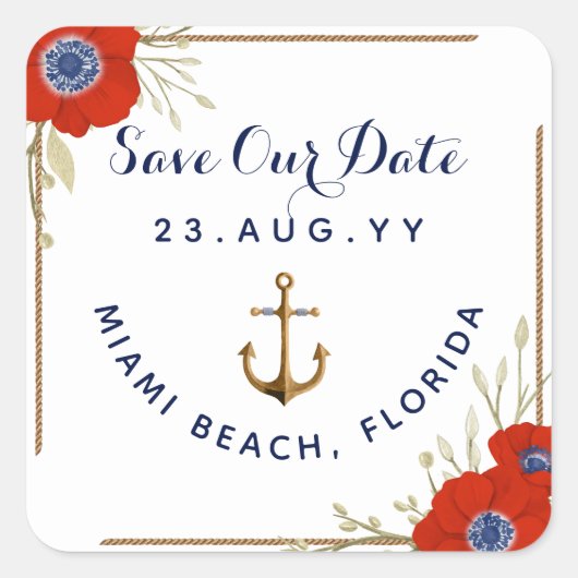 Nautisch ⚓ Rood Wit & Blauw Anemoon Anker Wedding Vierkante Sticker (Voorkant)