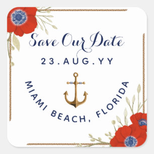 Nautisch ⚓ Rood Wit & Blauw Anemoon Anker Wedding Vierkante Sticker