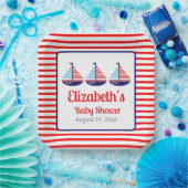 Nautisch Rood Wit Blauw Zeilboot Baby shower Papieren Bordje (Feest)