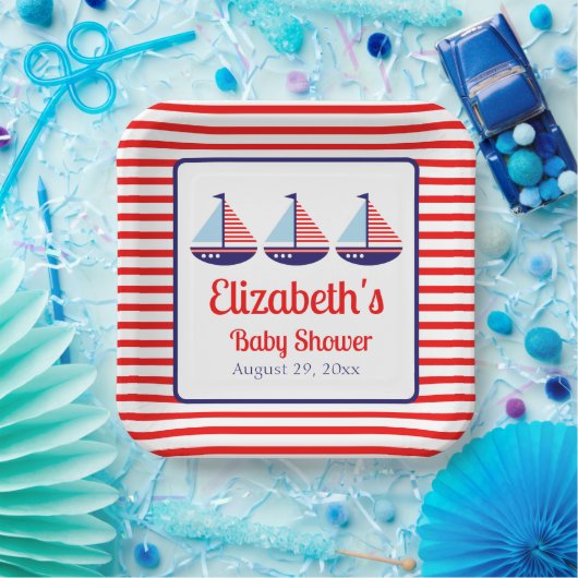 Nautisch Rood Wit Blauw Zeilboot Baby shower Papieren Bordje (Feest)