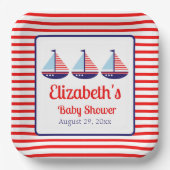 Nautisch Rood Wit Blauw Zeilboot Baby shower Papieren Bordje (Voorkant)