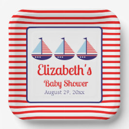Nautisch Rood Wit Blauw Zeilboot Baby shower Papieren Bordje