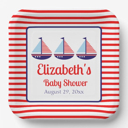 Nautisch Rood Wit Blauw Zeilboot Baby shower Papieren Bordje (Voorkant)