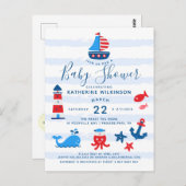 Nautisch rood, wit en blauw Baby shower Briefkaart (Voorkant / Achterkant)