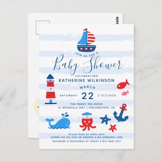 Nautisch rood, wit en blauw Baby shower Briefkaart (Voorkant / Achterkant)