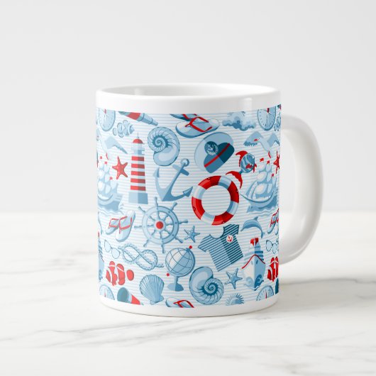 Nautisch rood wit en blauw patroon grote koffiekop (Voorkant rechts)
