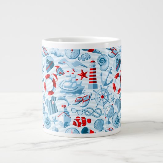 Nautisch rood wit en blauw patroon grote koffiekop (Voorkant)