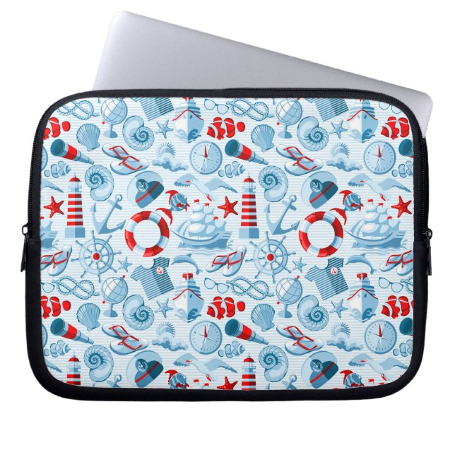 Nautisch rood wit en blauw patroon laptop sleeve (Voorkant)