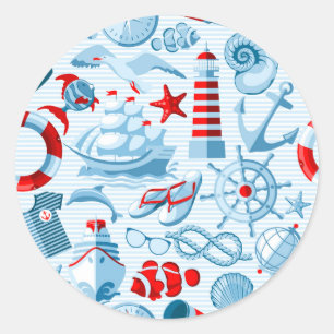 Nautisch rood wit en blauw patroon ronde sticker