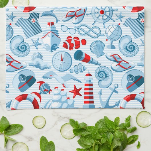 Nautisch rood wit en blauw patroon theedoek (Gevouwen)