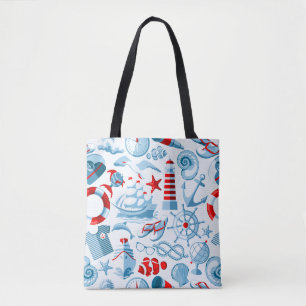 Nautisch rood wit en blauw patroon tote bag
