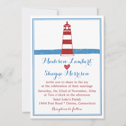 Nautisch Rood Wit Vuurtoren Blauwe Strepen Huwelij Kaart (Voorkant)