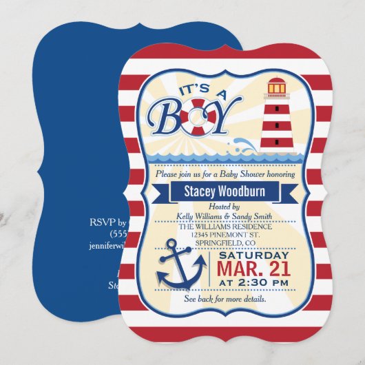 Nautisch Rood & Wit Vuurtoren Boy Baby shower Kaart (Voorkant / Achterkant)