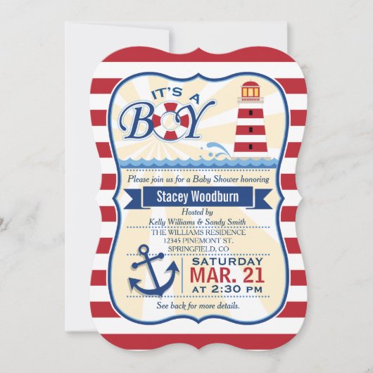 Nautisch Rood & Wit Vuurtoren Boy Baby shower Kaart (Voorkant)