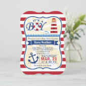 Nautisch Rood & Wit Vuurtoren Boy Baby shower Kaart (Staand voorkant)
