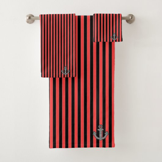 Nautisch rood zwart streepanker bad handdoek (Insitu)