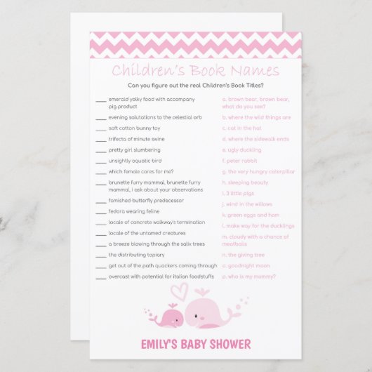 Nautisch roze Baby shower Game PRINED (Voorkant / Achterkant)