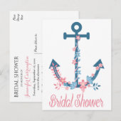 Nautisch Roze & Blauw Vrijgezellenfeest Anker Bloe Uitnodiging Briefkaart (Voorkant / Achterkant)