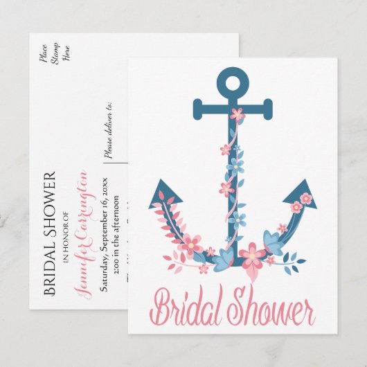 Nautisch Roze & Blauw Vrijgezellenfeest Anker Bloe Uitnodiging Briefkaart (Voorkant / Achterkant)