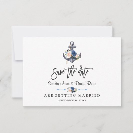 Nautisch roze blos blauwe bloemanker trouw save the date (Voorkant)