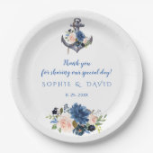 Nautisch Roze Blush Blauwe Bloem Anker Bruiloft Papieren Bordje (Voorkant)