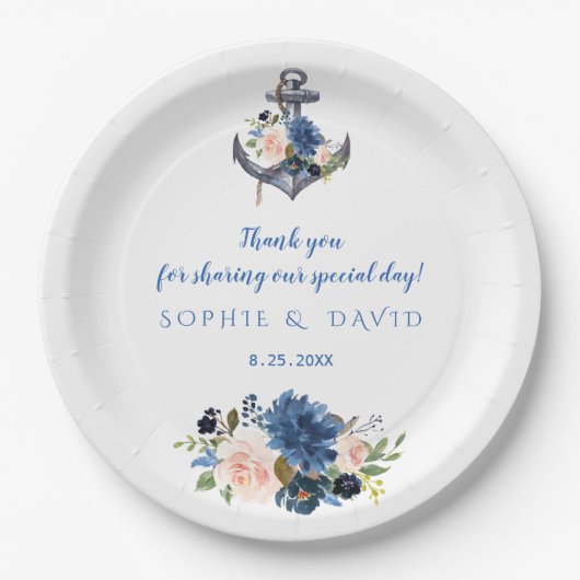 Nautisch Roze Blush Blauwe Bloem Anker Bruiloft Papieren Bordje (Voorkant)