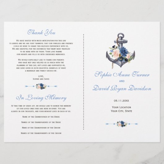 Nautisch Roze Blush Blauwe Bloem Anker Programma Flyer (Voorkant)