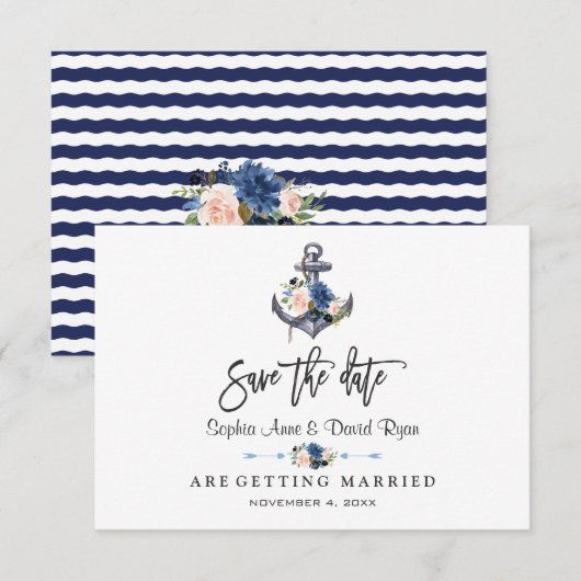 Nautisch Roze Blush Blauwe Bloemachtige Anker Brui Save The Date (Voorkant / Achterkant)