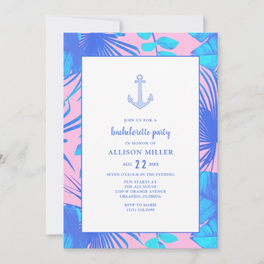Nautisch roze en blauw vrijgezellenfeest kaart (Voorkant)