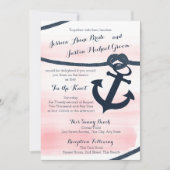 Nautisch Roze en Navy Touw en Anker Wedding Kaart (Voorkant)
