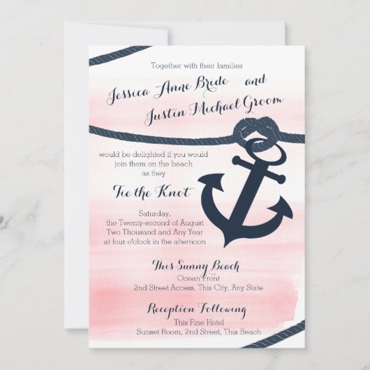 Nautisch Roze en Navy Touw en Anker Wedding Kaart (Voorkant)