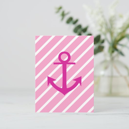Nautisch roze en witte strepen Fuchsia Anchor Briefkaart (Staand voorkant)