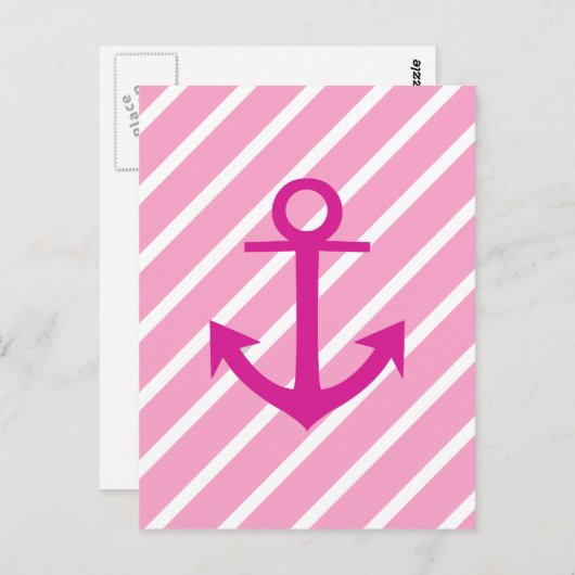 Nautisch roze en witte strepen Fuchsia Anchor Briefkaart (Voorkant / Achterkant)