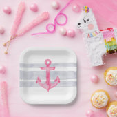 Nautisch roze grijs waterverf ankerstrepen papieren bordje (Feest)
