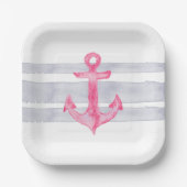 Nautisch roze grijs waterverf ankerstrepen papieren bordje (Voorkant)